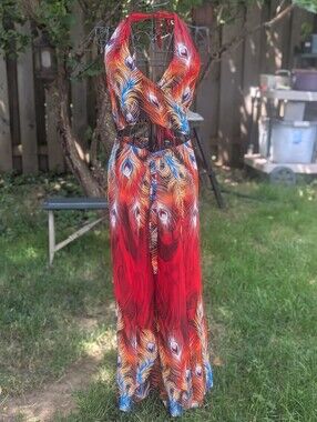 Vibrant Red Peacock Feather Halter With Wrapsround pant